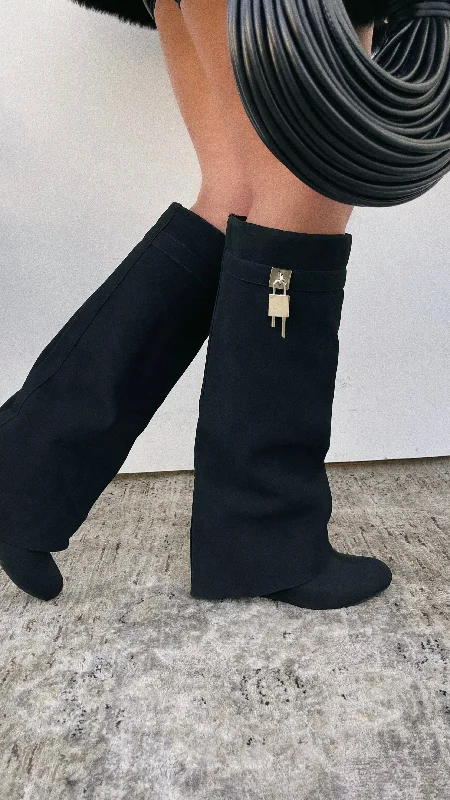 Kai Wedge Heel Knee High Shark Boots - Black