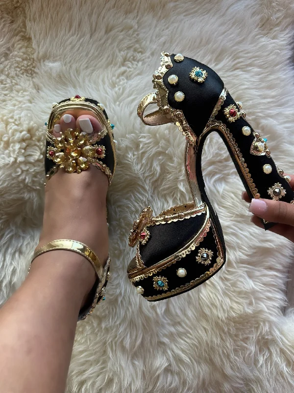 ROYAL-1 Black Satin Gold Platform Heel Multi Print Satin and Gold Faux Leather Trim