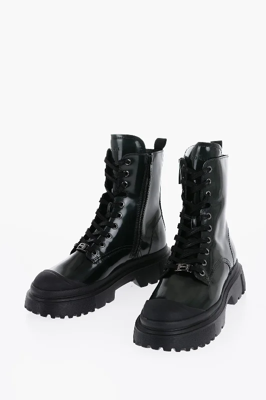 Hogan Patent Leather Combat Boots With Contrast Laces