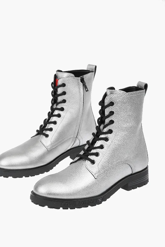 Moschino Love Glistening Textured Leather Combat Boots