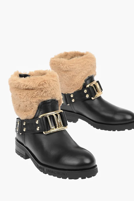 Moschino Love Leather Ankle Boots With Faux Fur Details