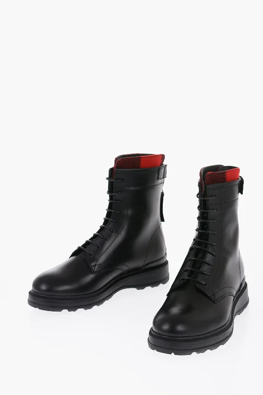 Woolrich Leather Work Combat Boots With Buffalo Check Detail